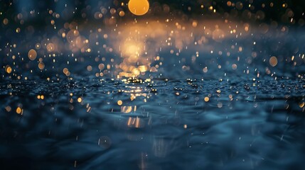 Raindrops on ocean surface, close-up, straight-on angle, shimmering bokeh, peaceful storm - obrazy, fototapety, plakaty