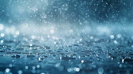 Raindrops on ocean surface, close-up, straight-on angle, shimmering bokeh, peaceful storm 