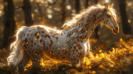 Golden spotted white horse walking in the mythical forest. - obrazy, fototapety, plakaty