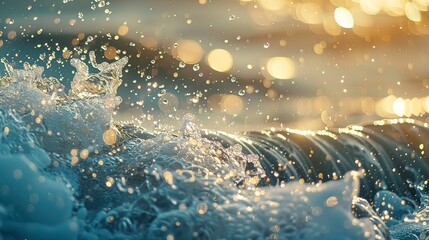 Fototapeta premium Sparkling sea foam, close-up, eye-level view, daylight diamonds, bokeh ocean caress 