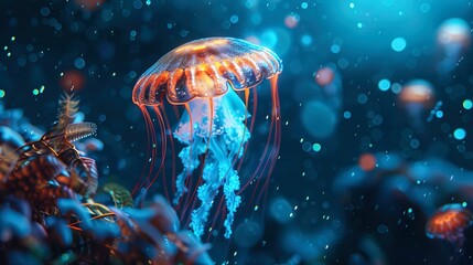 Glowing jellyfish, underwater view, close-up, ground-level shot, neon bokeh, mysterious depths  - obrazy, fototapety, plakaty