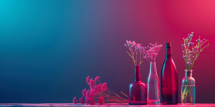 Vibrant red and blue glass bottles with delicate flowers against a gradient background, an artistic composition.