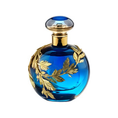 Sapphire Blue Round Perfume Bottle with Gold Leaf Detail, Transparent Background, PNG Format