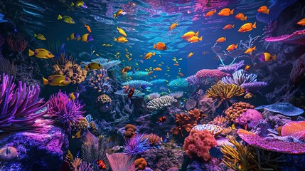 Fototapeta na wymiar Virtual reality coral reef, vibrant close-up, eye-level, 3D modeled marine life, illuminated depths
