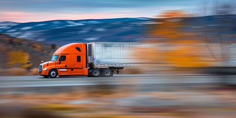 A blur motion of an orange semi truck speeding down a scenic rural highway during autumn.