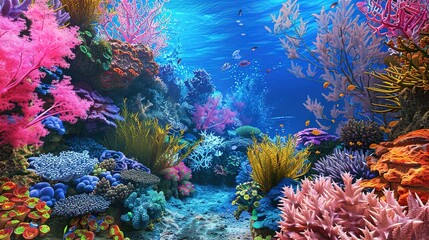 Obraz na płótnie Canvas Virtual reality coral reef, vibrant close-up, eye-level, 3D modeled marine life, illuminated depths 