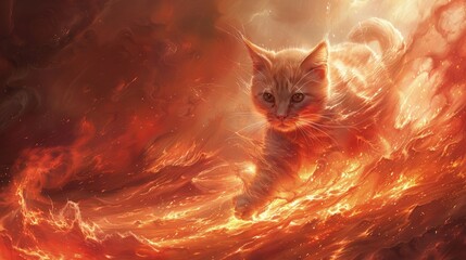 Cats walk on burning fire. - obrazy, fototapety, plakaty