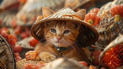 Cats trade at the market while wearing farmer's hats. - obrazy, fototapety, plakaty