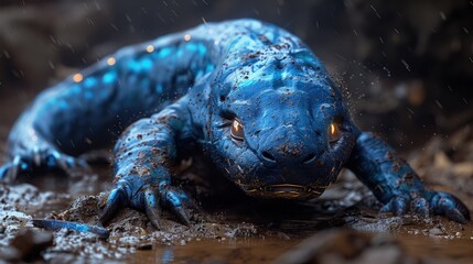 Ancient black salamander with skin that glows in the dark. - obrazy, fototapety, plakaty