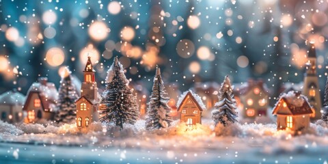 Miniature snowy winter village scene with illuminated houses and festive Christmas trees during snowfall.