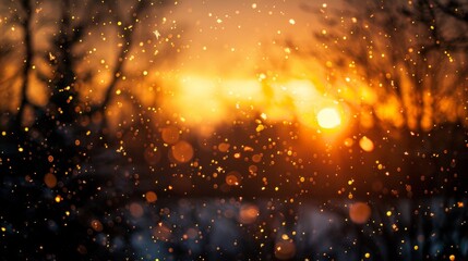 A magical golden sunset with sparkling snowflakes, creating a warm and enchanting winter scene.