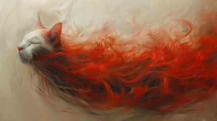 Flying cat with thick red smoke. - obrazy, fototapety, plakaty