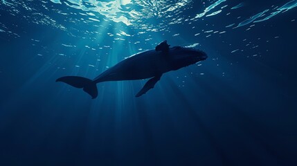 Whale silhouette, deep blue, close-up, low angle, majestic marine shadow, serene vastness 