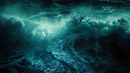 Phosphorescent waves, cresting, close-up, low angle, ocean's luminescence, serene darkness