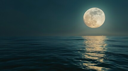 Naklejka na ściany i meble Moon over calm sea, close-up, high-angle, night's sentinel, tranquil water 