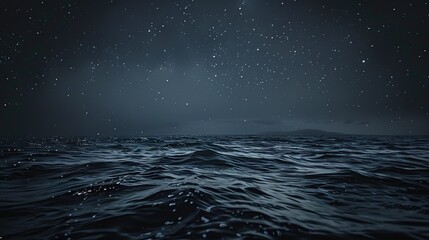 Dark horizon, starry backdrop, close-up, straight-on shot, night ocean solitude, infinite expanse  - obrazy, fototapety, plakaty