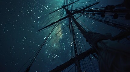 Sailing under starlight, silhouette, close-up, ground-level camera, quiet adventure, night's embrace - obrazy, fototapety, plakaty