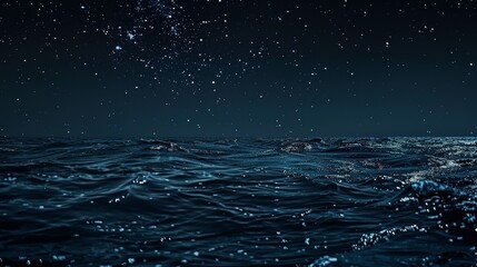 Dark horizon, starry backdrop, close-up, straight-on shot, night ocean solitude, infinite expanse  - obrazy, fototapety, plakaty