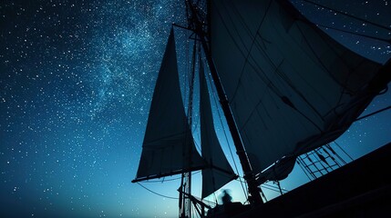Sailing under starlight, silhouette, close-up, ground-level camera, quiet adventure, night's embrace  - obrazy, fototapety, plakaty