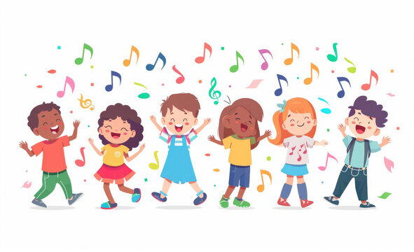 Vector flat cartoon illustration of happy kids dancing and singing with music notes isolated on a white background, colorful, cheerful mood, cute