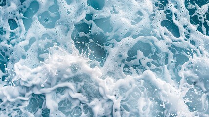 Surf foam patterns, close-up, high-angle, ocean's lace, white on blue, intricate detail 