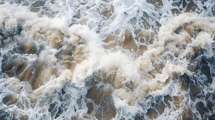 Fototapeta premium Waves crashing on shore, top-down view, close-up, foam lace, coastline's embrace 