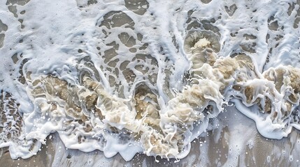 Waves crashing on shore, top-down view, close-up, foam lace, coastline's embrace