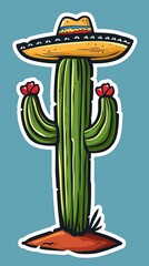 Cactus with sombrero hat on top of desert hill, in the style of cartoon vector illustration clipart