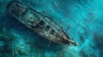 Sunken ship, reef home, top-down close-up, maritime mystery, ocean's history, azure depths  - obrazy, fototapety, plakaty