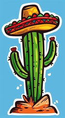 Cactus with sombrero hat on top of desert hill, in the style of cartoon vector illustration clipart