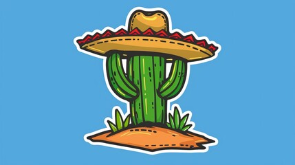 Cactus with sombrero hat on top of desert hill, in the style of cartoon vector illustration clipart