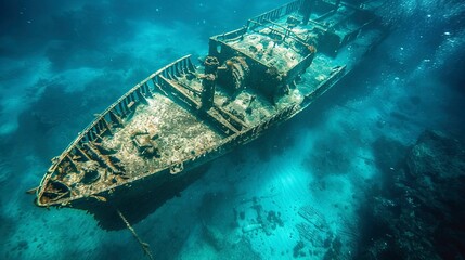 Sunken ship, reef home, top-down close-up, maritime mystery, ocean's history, azure depths  - obrazy, fototapety, plakaty