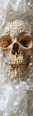 Bubble wrap surrounding a hieroglyphengraved skull, set against a white background, blending protection with ancient mystery, soft shadows, white background, 