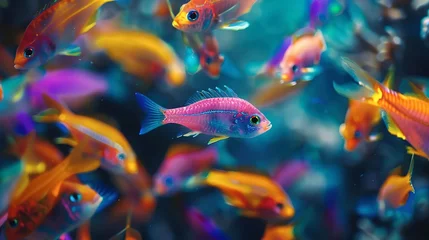 Fotobehang School of neon fish, darting, close-up, high-angle, underwater ballet, colorful chaos  © Thanthara