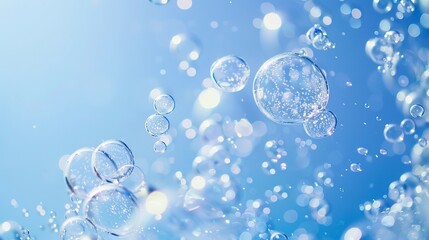 Bubble trails rising, close-up, straight-on angle, silent ascent, clear blue, peaceful journey 