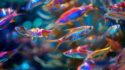 School of neon fish, darting, close-up, high-angle, underwater ballet, colorful chaos  - obrazy, fototapety, plakaty