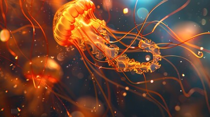 Jellyfish tendrils drifting, close-up, eye-level view, ethereal dance, luminescent grace - obrazy, fototapety, plakaty