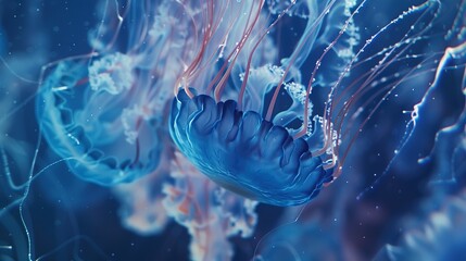 Jellyfish tendrils drifting, close-up, eye-level view, ethereal dance, luminescent grace  - obrazy, fototapety, plakaty