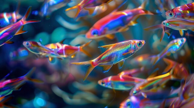 School of neon fish, darting, close-up, high-angle, underwater ballet, colorful chaos 