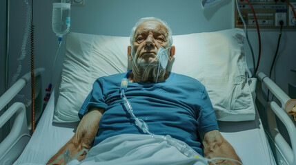 an elderly man in his mid-50s, lying on the bed with an IV bag and mask attached to his head, surrounded by medical equipment in a hospital room. He is wearing a blue t-shirt