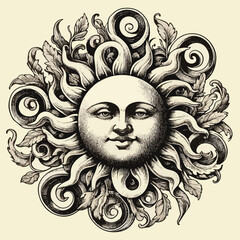 Sun witn face sketch old engraving vector illustration. hand drawn vintage sun old engraving vector illustration