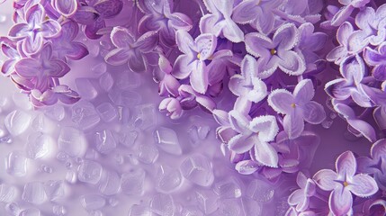 An elegant background composed of shiny plastic artificial flowers in one shade of lavender. The flowers' petals glisten, adding a soft, dreamy quality to the scene. 