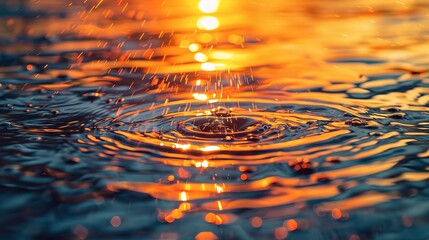 Sunset reflection, rippling water, close-up, ground-level shot, orange glow, tranquil end - obrazy, fototapety, plakaty