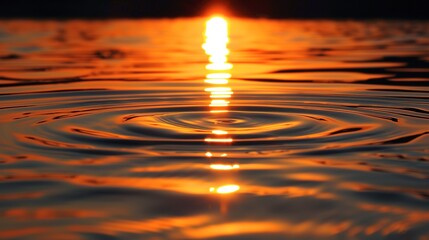 Sunset reflection, rippling water, close-up, ground-level shot, orange glow, tranquil end - obrazy, fototapety, plakaty