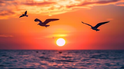 Sunset birds flying, ocean backdrop, close-up, low angle, silhouettes against fiery sky 