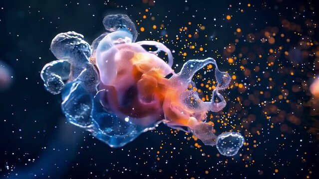 A microscopic view of an amoeba its bloblike shape constantly changing as it engulfs food particles. . AI generation.