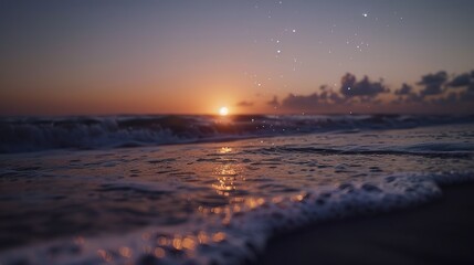 Twilight stars, dusk ocean, close-up, ground-level camera, between day and night, serene transition 