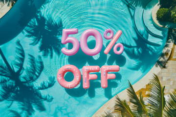 Summer sale 50 percent discount. Overhead view of a swimming pool with inflatable pool floats