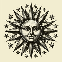Sun witn face sketch old engraving vector illustration. hand drawn vintage sun old engraving vector illustration