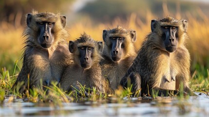 Baboon Family Gathering Around Watering Hole, Their Expressions Reflecting a Mix of Playfulness and Caution. - obrazy, fototapety, plakaty